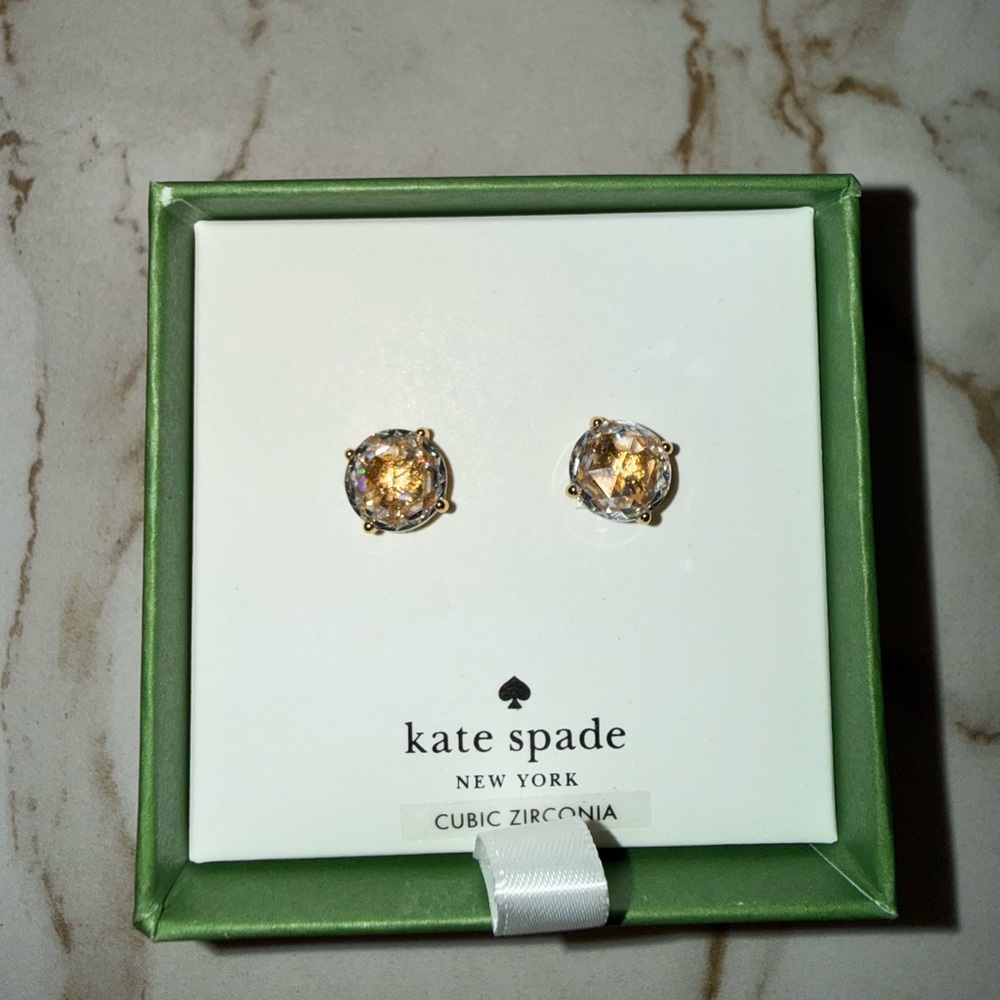 Kate Spade Clear Cubic Zirconia Stud Earrings Gold Tone NWT Box Gift ❤️💛💚💜